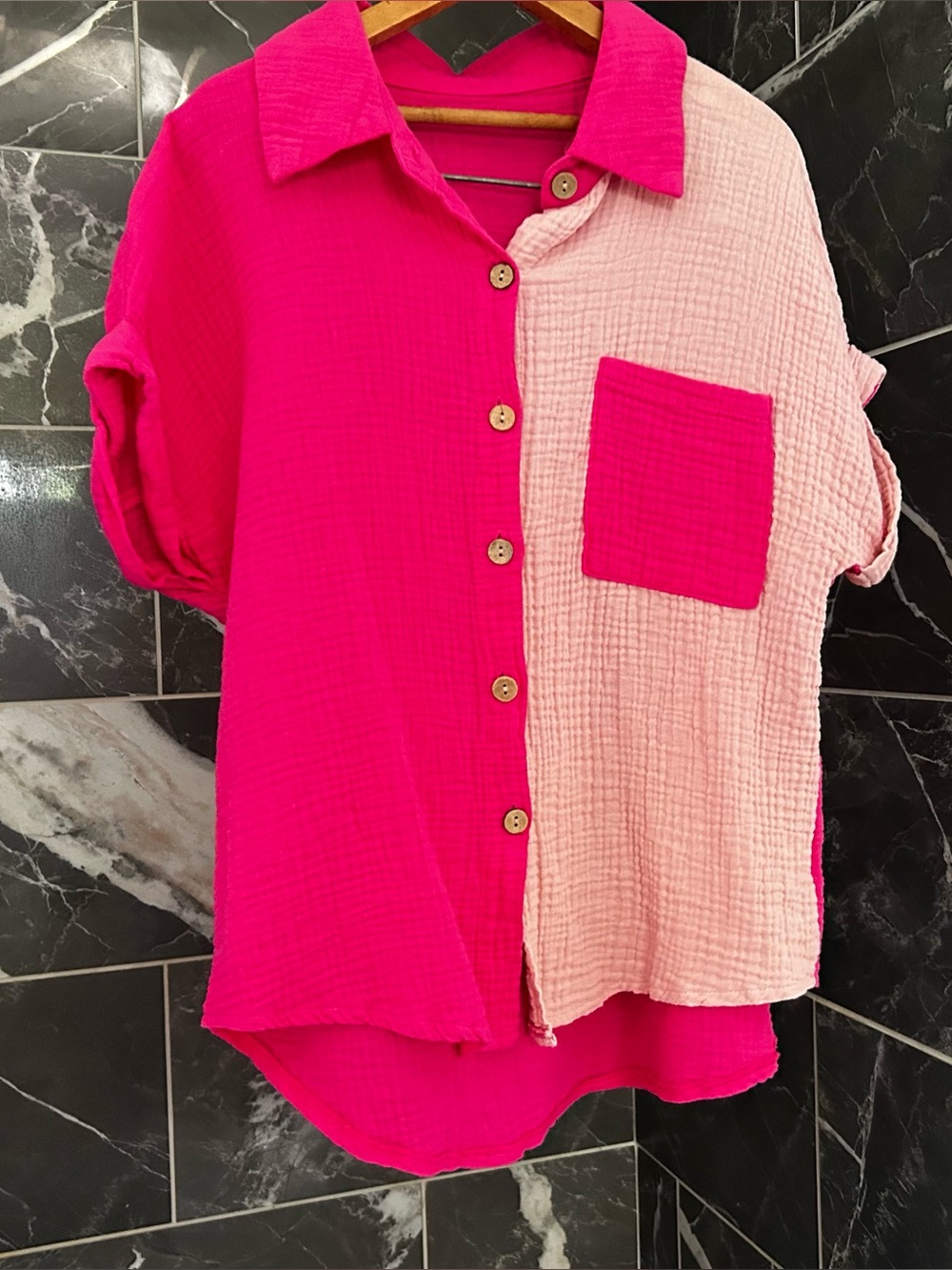 Two-Tone Button-Down Shirt in Hot Pink and Light Pink